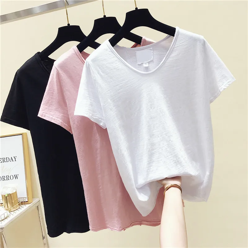 

Женская хлопковая футболка с коротким рукавом, белая свободная Универсальная футболка с V-образным вырезом в стиле интернет-знаменитостей, ...