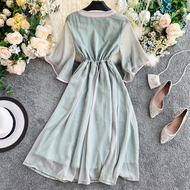 Женское шифоновое платье с высокой талией в стиле ретро новинка 2019 летняя мода