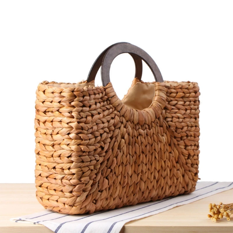 

Соломенная Сумка с деревянными ручками, натуральный Летний Пляжный тоут в стиле ретро, плетеные сумки ручной работы из ротанга, плетеная до...