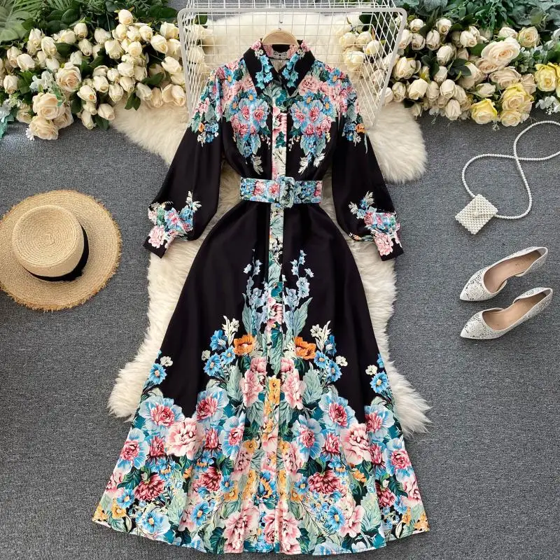 

SINGRAIN Women Retro Print Maxi Dress Korean Turn-down Collar Puff Sleeve A-line Dresses Autumn Bohemian Streetwear Long Dress
