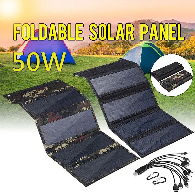 

50W 5V Foldable Solar Panel USB 10 in1 USB Cable Waterproof Sun Power Solar Cells Bank Pack for Camping Hiking Phone Backpack