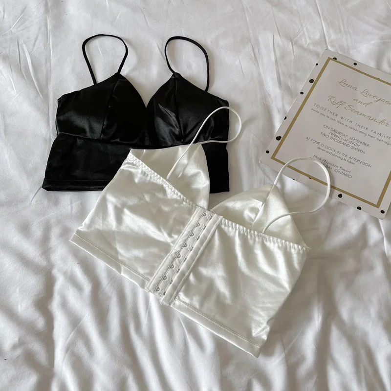 

SP&CITY In Summer Wire Free Satin Camisole Women Sexy Solid Tanks With Chest Pad Inner Base Beautiful Back Seamless Suspender