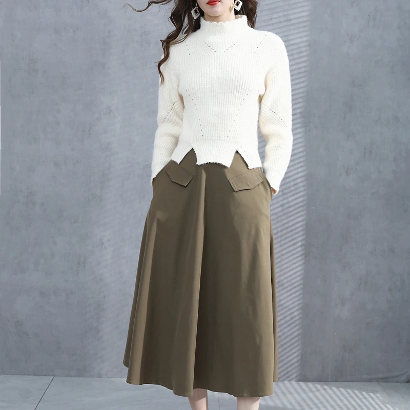 

2020 Fall New Style Long Sleeve Loose Sweater Slim Fit Temperament Pocket Half Skirt Women'S Two-Piece Suit High Color Matching