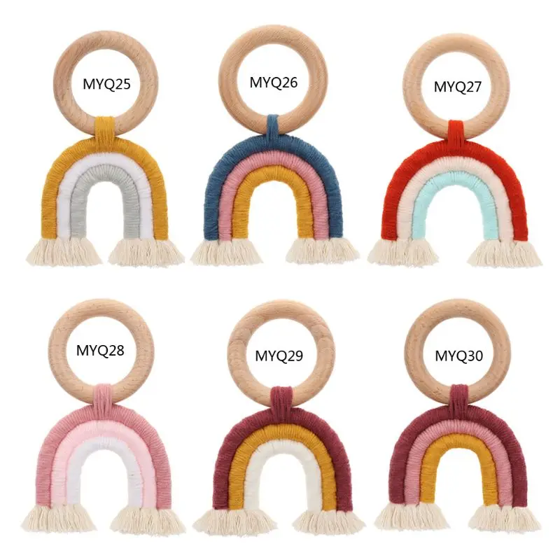 

Baby Teething Ring Rainbow Wooden Boho Baby Teether Stroller Toys Shower Gift