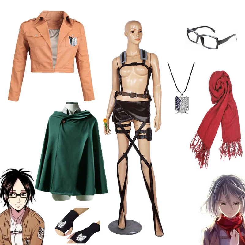 

Hot Anime Attack on Titan Cosplay Shingeki no Kyojin Jacket Recon Corps Leather Skirt Hookshot Belts Suspenders Ackerman Costume