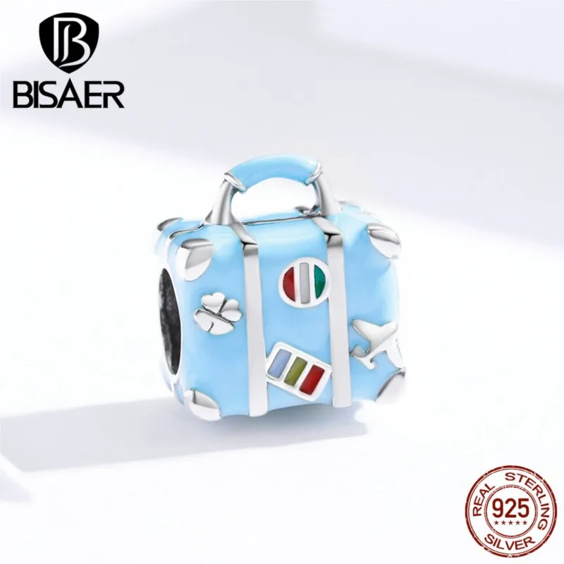 

Талисманы для путешествий BISAER, хит продаж, 925 пробы, серебро, коробка для чемодана, бусины, голубые шармы, подходят для женщин, браслеты, ювели...