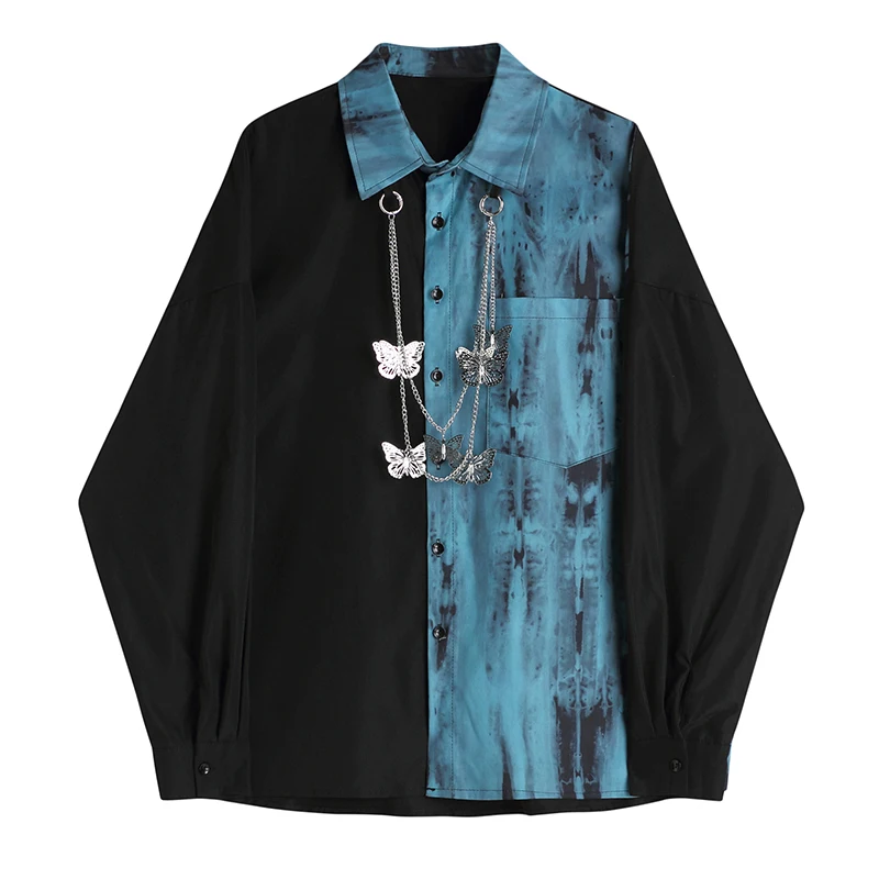 

Shirt Female Loose Tie-dye Black Blue Stitching Contrast Color Butterfly Chain Necklace Long-sleeve Shirt Shirt Casual Loose Top