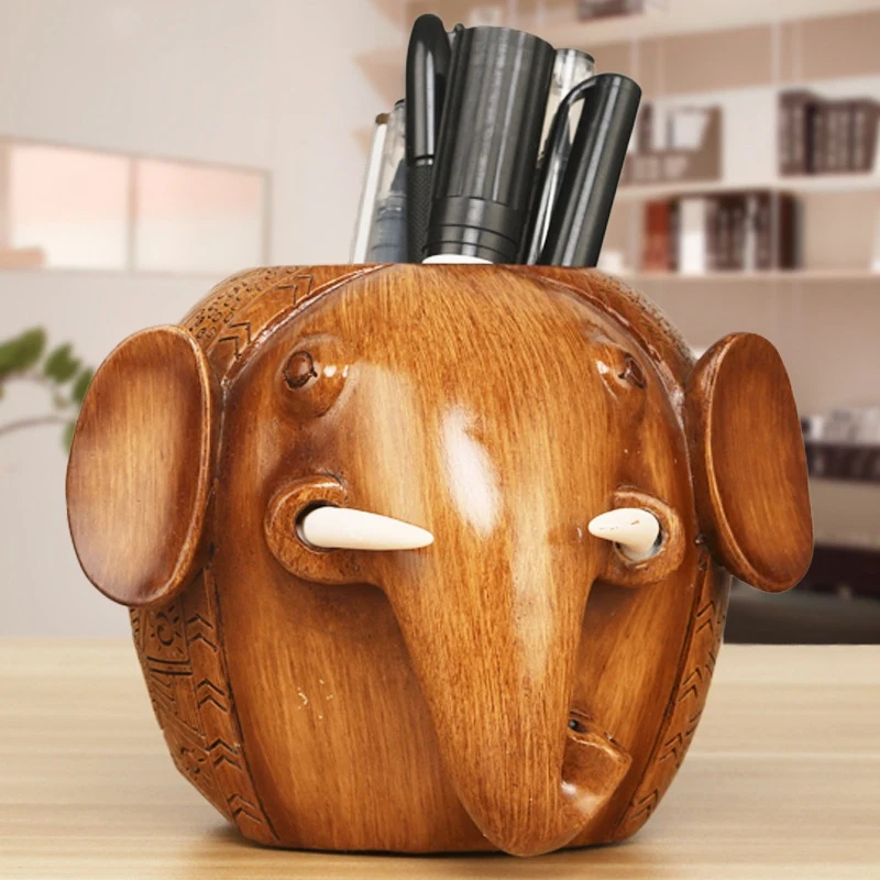 

Creative Wood Carving Elephant Pencil Holder Fashion Desk Organizer Pen Holder for Home Office School