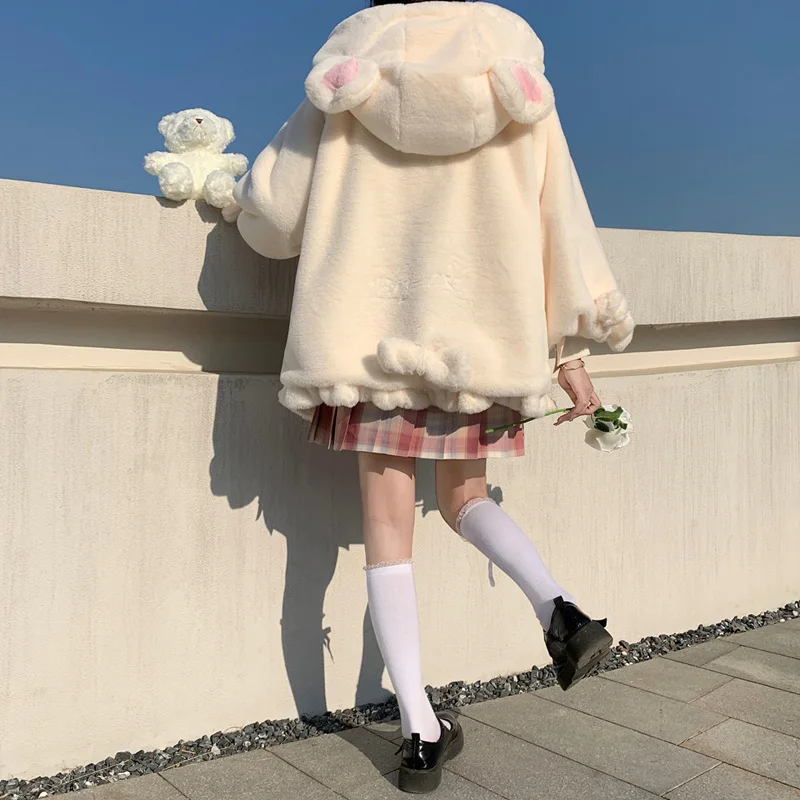 Japanese Kawaii Girl Jk Faux Fur Teddy Coat Cute Bear Ears Lolita Jacket Women Winter Thickened Lantern Sleeve Female Plush Coat