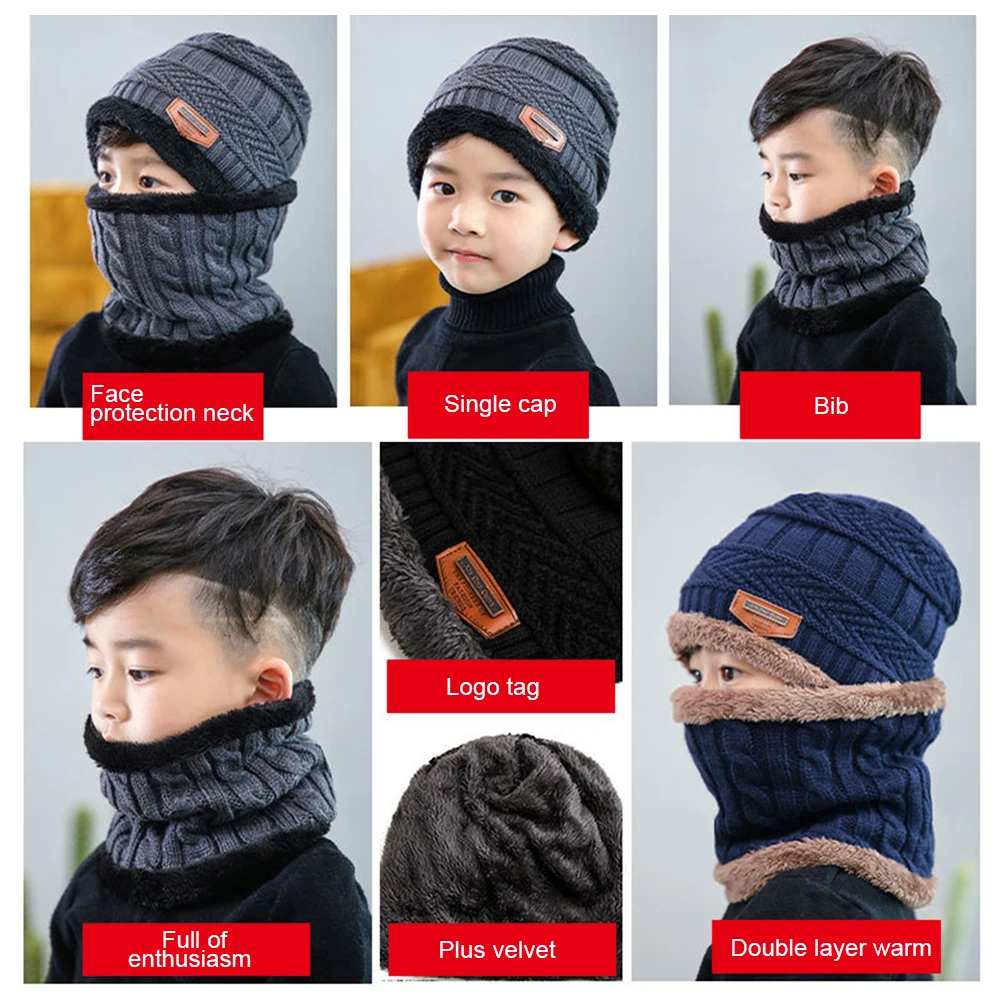 Детская Зимняя вязанная шерстяная шапка с шарфом для защиты ушей теплая шапочка