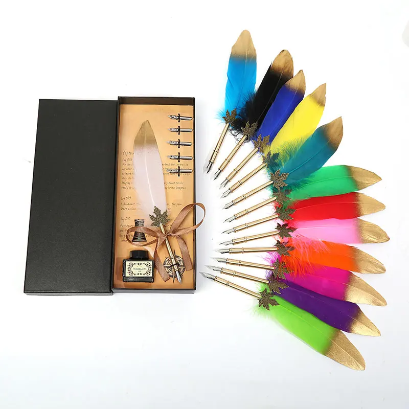 

European Spray Gold Leaf Pole Student Writing Stationery Set High Quality Stainless Steel Nib Smooth Writing Feather Pen