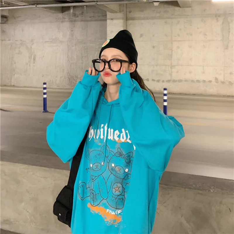 

Winter Plus Velvet Hooded Sweatshirt Women Cartoon Bear Print Oversized Loose Women'S Coat Fashion Personality Harajuku Hoodie