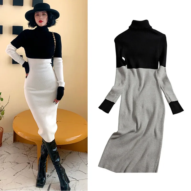

New Autumn Winter Knitting Dress Women Spliced Pencil Dresses Long Sleeve Turtleneck Sweaters Bodycon Club Party Dresses NS751