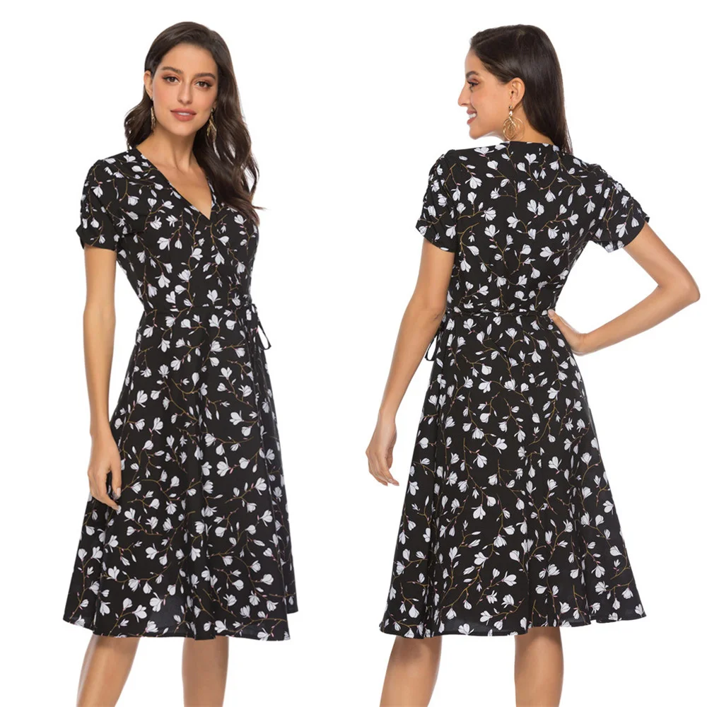 

Bohemian Beach Floral Print Chiffon Dress V-Neck A-Line Short Sleeve Slim Waist Mid-Long Dresses Women Summer Bandage Boho Dress