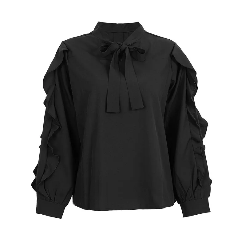 

2021 New Spring Summer Casual Long Sleeve Ruffled Chiffon Shirt Bow Tops Ladies Solid Color Oversize Chic Blouses For All Match