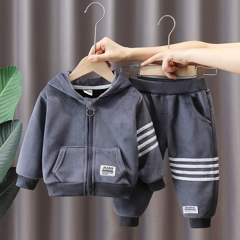 

Toddler Sweatsuit Winter Clothes for Boys Plush Sweatpants and Cardigan Hoodie Sets Golden Velvet Kids Bebes Boutique Outfits