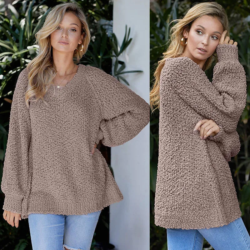 SEBOWEL Casual Solid Color Woman Sweater V-neck Long Sleeve Popcorn Knit Sweaters Female Warm Autumn Winter Ladies Tops Clothes | Женская