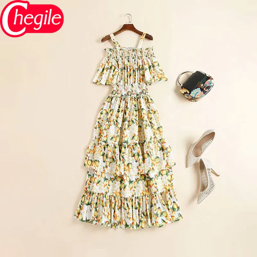 Элегантное женское длинное платье 2020 европейское с принтом лимона вырезом