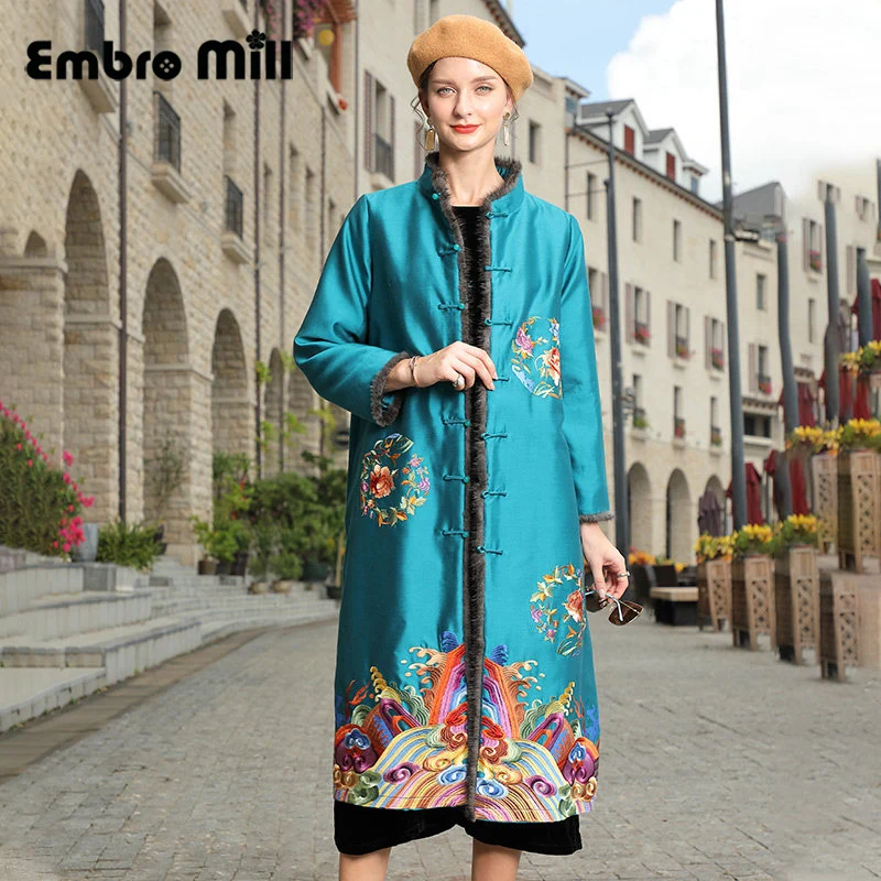 

High-End Wool + Silk Elegant Chinese Style Mink Embroidered Winter Clothing Stand Collar Single-Breasted Long Lady Coat M-XXL
