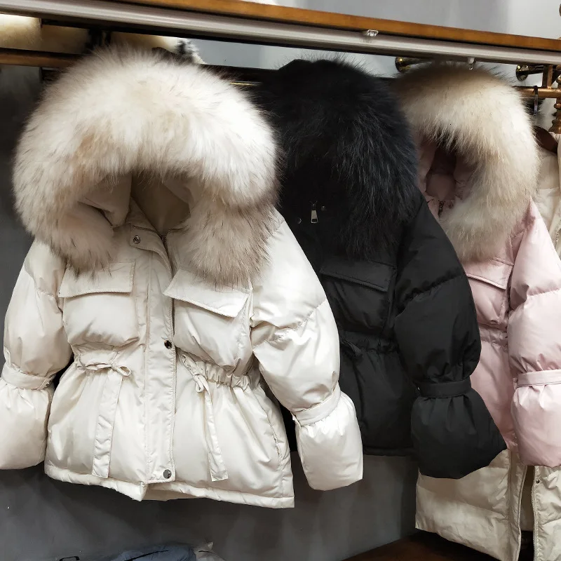 2020 Winter Raccon Fur Hoody Cream Beige White Duck Down Coat Women Jacket
