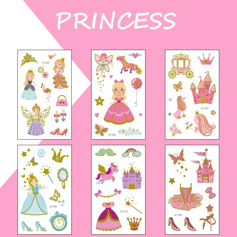 Детские наклейки с татуировками мультяшное платье принцессы замком горячим