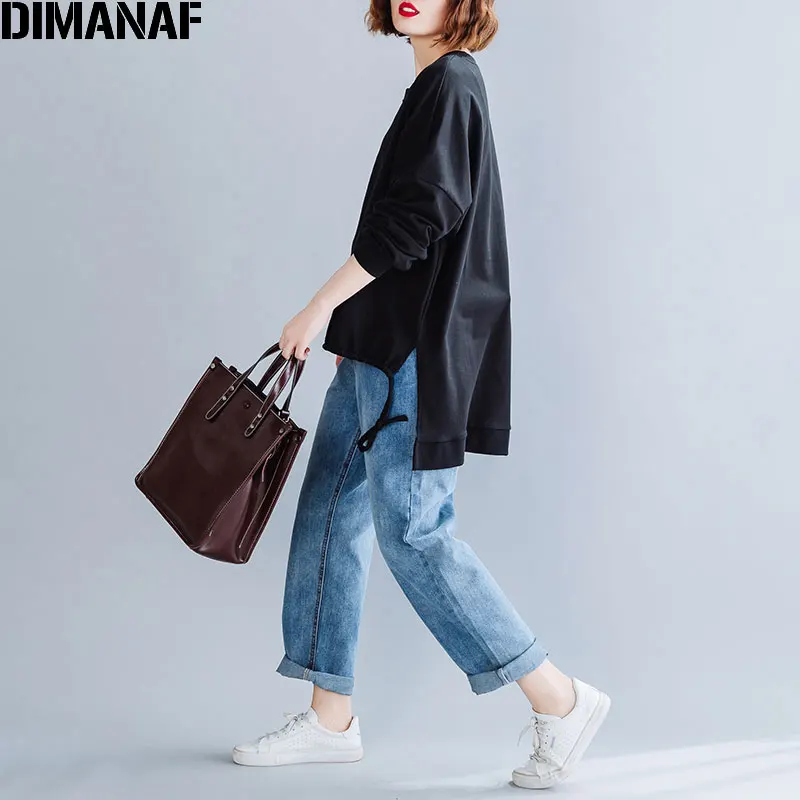 DIMANAF Autumn Winter Plus Size Women T-Shirt Basic Tunic Tops Shirts Cotton Long Sleeve Loose Casual Female Clothes Solid Black