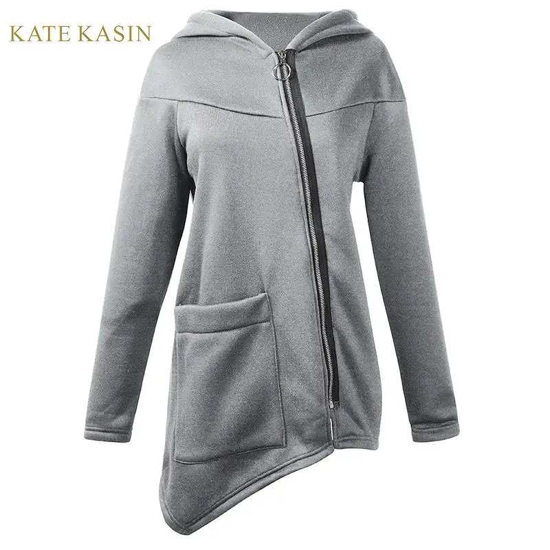 Kate Kasin Осенняя Новая женская Повседневная Толстовка с капюшоном на молнии и с карманами, куртка, пальто, ассиметричный пуловер, толстовки, верхняя одежда