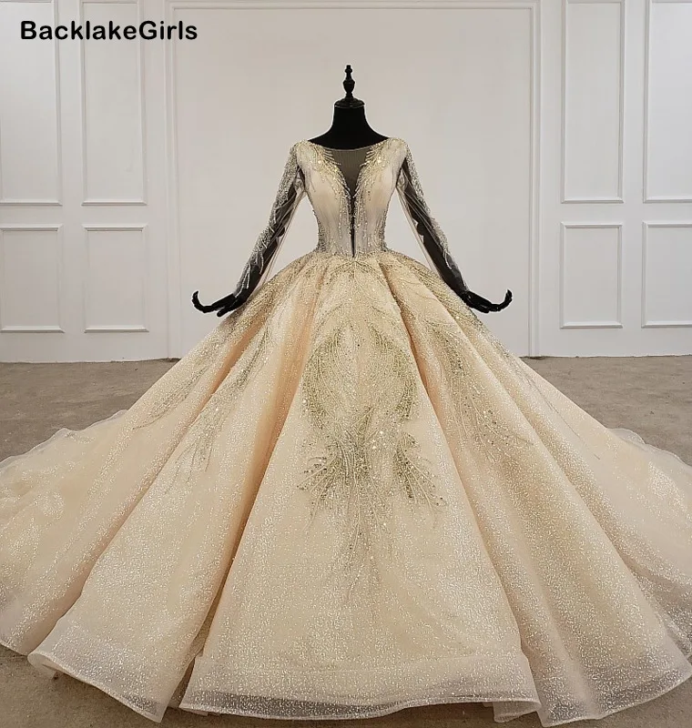 BacklakeGirls African Wedding Dresses Sexy V Neck Sheer Long Sleeve Big Tailing Princess Luxury Dress 2020 Robe De Bal | Свадьбы и
