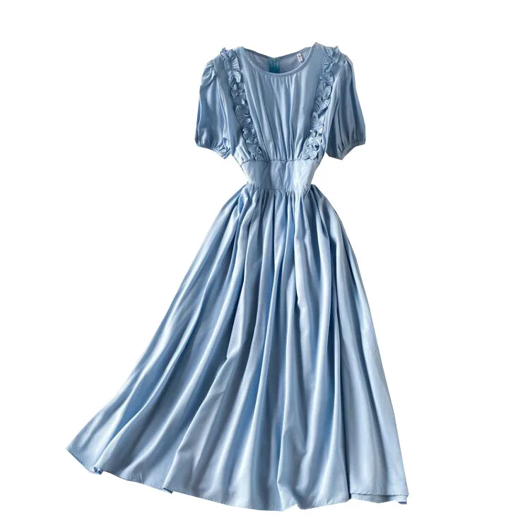 

French first love retro sweet bubble sleeve waist round neck dress high waist thin big swing long summer