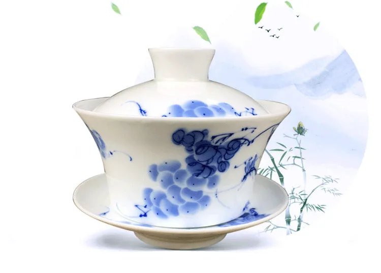 Фарфоровая чаша Gaiwan Jingdezhen, 200 мл, покрытая синим и белым фарфором, миска Sancai, набор китайских чайных чашек и блюдца, чайная супница