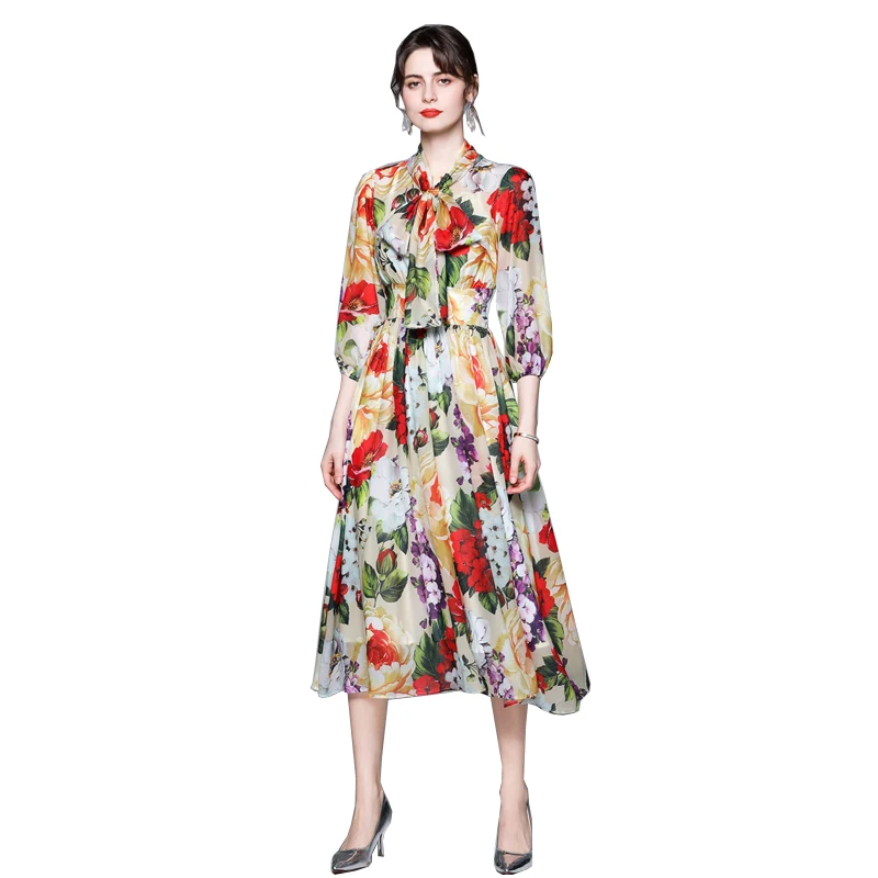 

2021 Summer Newest Fashion Designer Runway Women Bohemia Midi Dress Bow Collar Orange Flore Print Elegant Party Chiffon Dresses