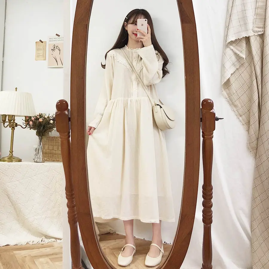 Платье женское хлопково-льняное с длинным рукавом повседневный наряд в стиле