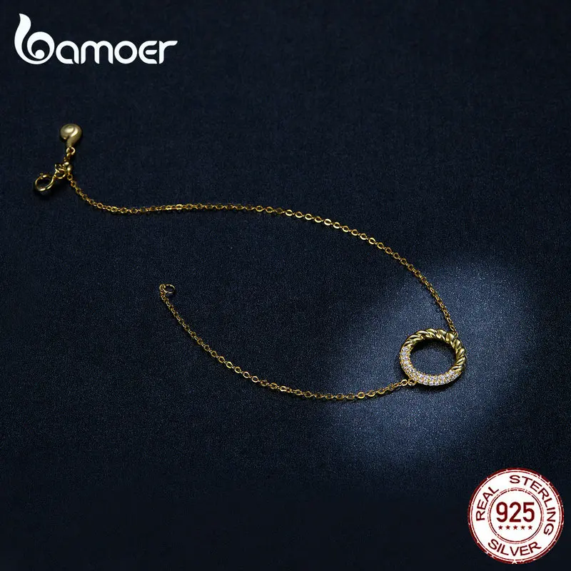 Bamoer, серебро 925, ювелирное изделие, золотой цвет, Модный Круглый браслет для женщин, Стерлинговое Серебро, дизайнерская цепочка на подарок, Bijoux BSB035