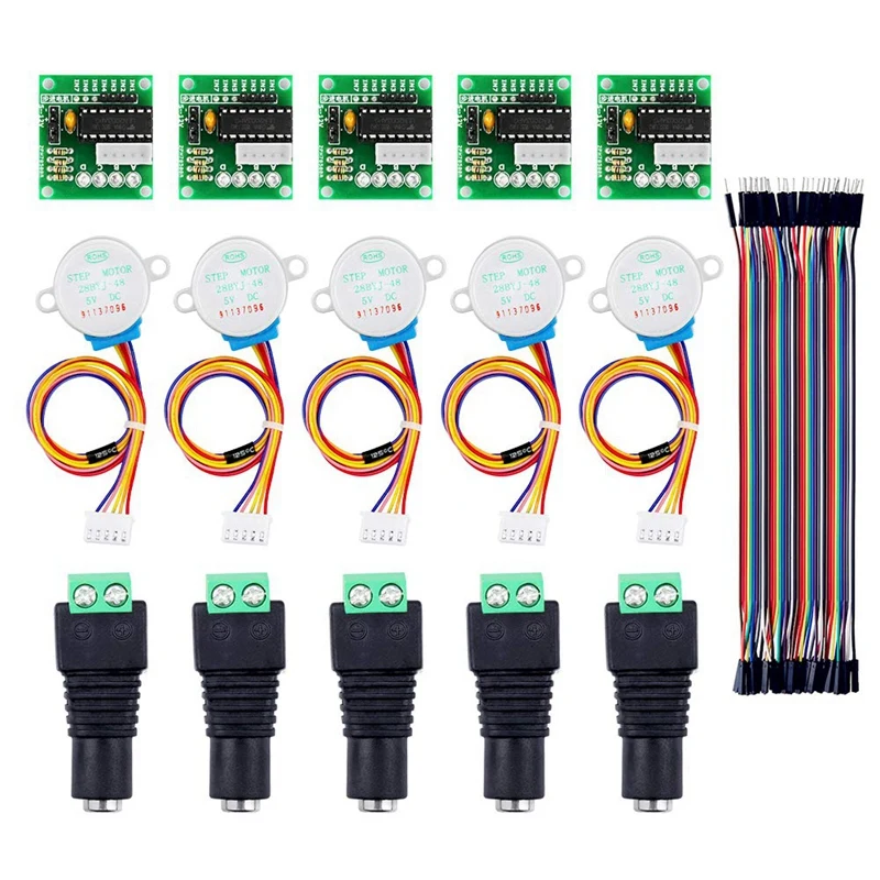 

5 Sets 28BYJ-48 ULN2003 5V Stepper Motor+Driver Board+DC Power Connector + 40Pin Male To Female Breadboard Jumper Wires