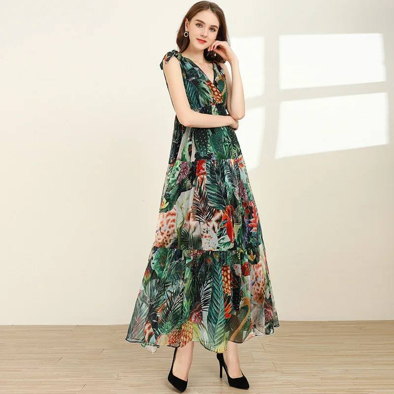 Женское шифоновое платье макси с V образным вырезом и цветочным принтом|Женские