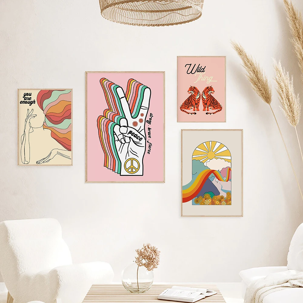 Мультяшный феминистский знак мира постер с радугой настенный художественный