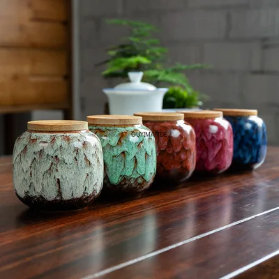 

Ceramic Kitchen Seasoning Box Retro Fission Color Tea Caddies Food Containers Travel Coffee Storage Bottle Porcelain Spice Jar