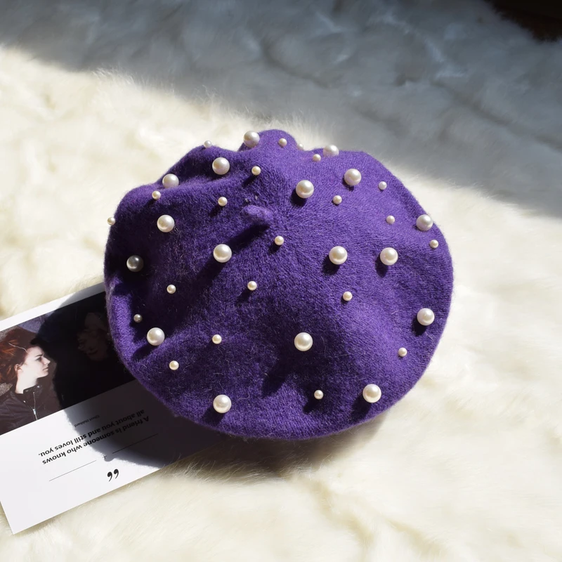purple Женские осенне-зимние Роскошные береты с жемчугом, кашемировый берет с заклепками, женские теплые модные французские шапки для девочек, вязаный красный берет с бисером, femme - Цвет: purple