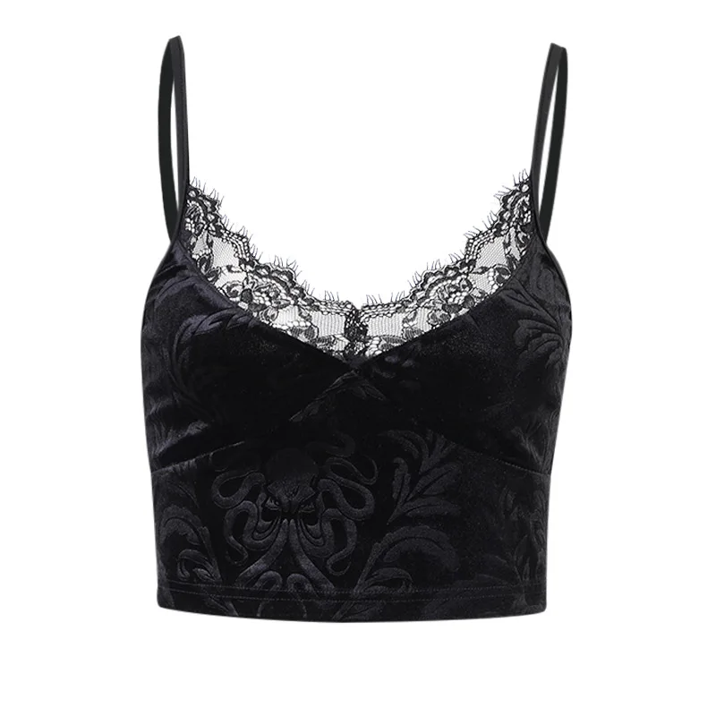 

Goth Sexy Dark Tank Top Floral Lace Spaghetti Straps Skinny Backless Crop Tops Women Navel Casual Streetwear Hot Girls Punk Chic