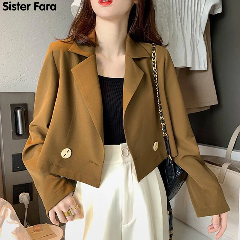 

Sister Fara New Spring 2021 Woman Short Blazers Coat Women Autumn Slim Notched Double Breasted Blazers Office Lady Jacket Coat