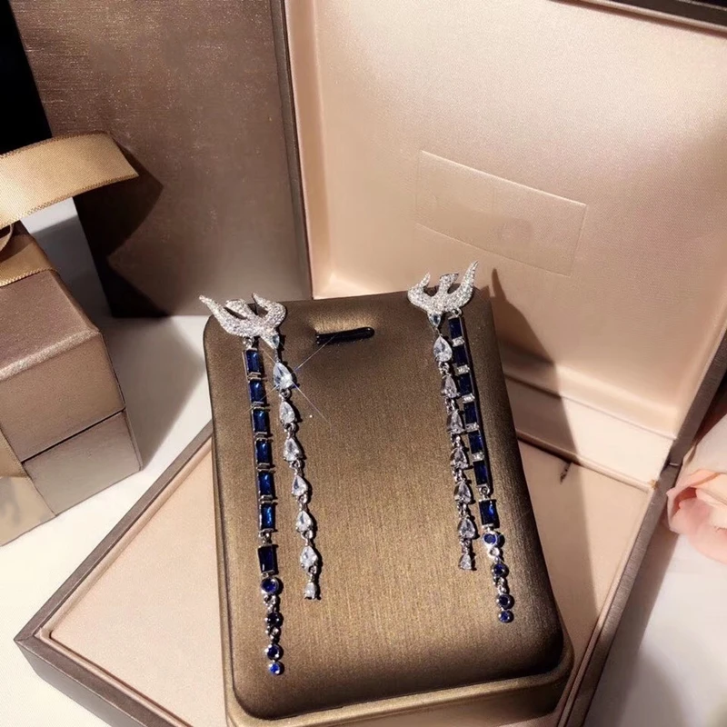 Привлекательное голубое платье квадратный Циркон Ласточка кисточкой Длинные