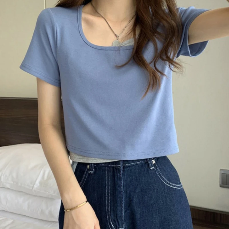 

Harajuku style gray fake two-piece t-shirt women summer short-sleeved ins tide wear cotton short top design niche