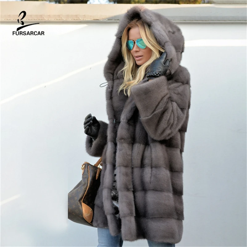 FURSARCAR 2021 New Women Fashion Winter Real Grey Mink Fur Coat Luxury Lady Genuine Natural Fur Hooded Jacket For Female