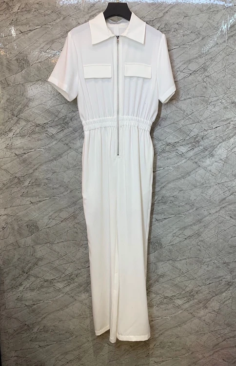 

2021 new women fashion lapel chest zipper decoration wrinkled waist short-sleeved jumpsuit casual pants 429