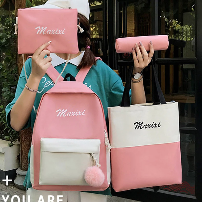 4Pcs/Set Canvas Backpack School Bags for Gilrs Teenagers 2019 Patchwork Rucksack Travel Shoulder Bags+Letter Purse+Pencil Case | Багаж и