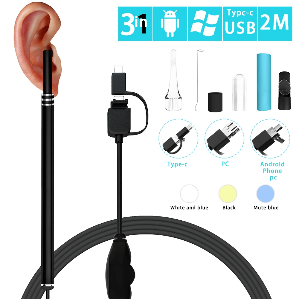 3 в 1 Ушная очистка эндоскоп камера 2 м 5 мм HD USB Otoscope визуальная ложка микро