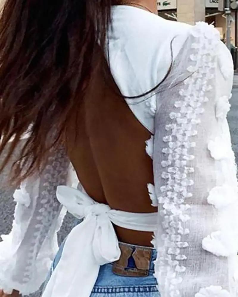 

Knotted Open Back Crisscros Design T Shirt Women Open Back Summer Long Sleeve T Shirt High Streetwear Chic Tops Blusa Mujer