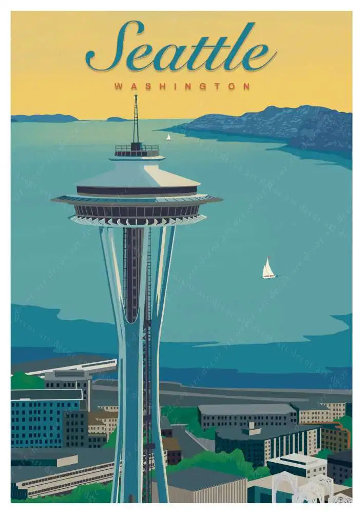 Дорожная холщовая картина из США Сиэтл Вашингтон винтажные настенные крафт