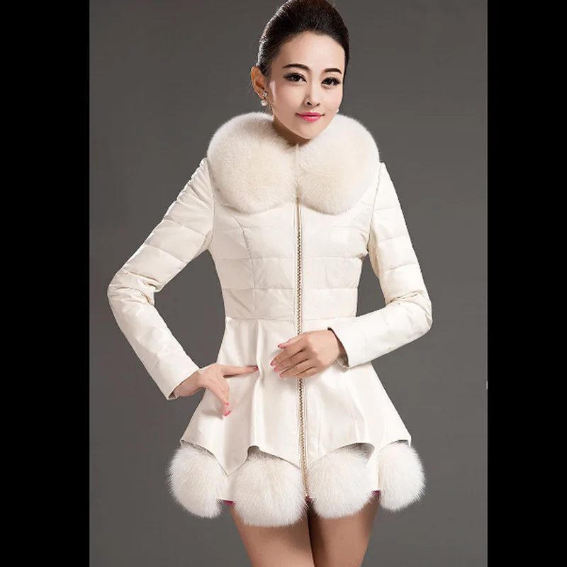 Women's Red Faux Leather Jacket Down Cotton Parka Winter Coat Female Slim Fashion Korean Chaqueta Mujer Cuero KJ536 | Женская одежда