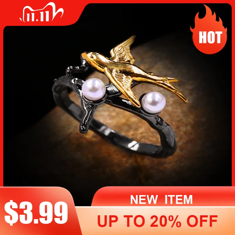 ERLUER Винтаж Готический ветка черного дерева Золотой Ласточка в виде колец с